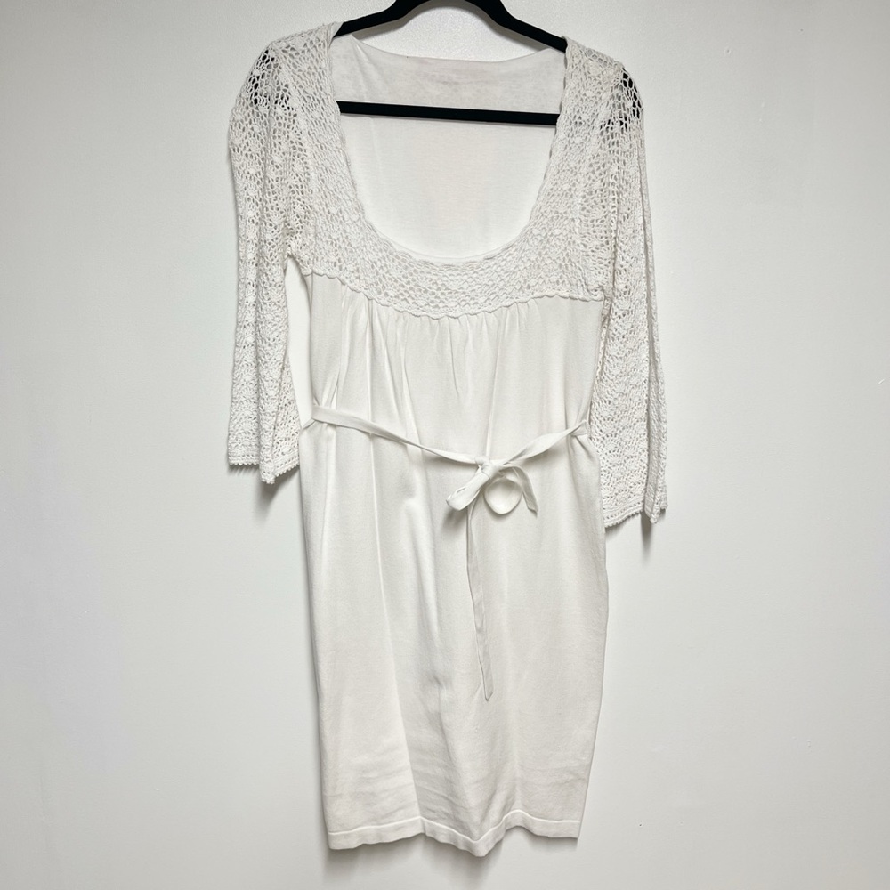 NWT $285 Cynthia Steffe White Cotton Crocheted Bell Sleeve Dress Women Sz L